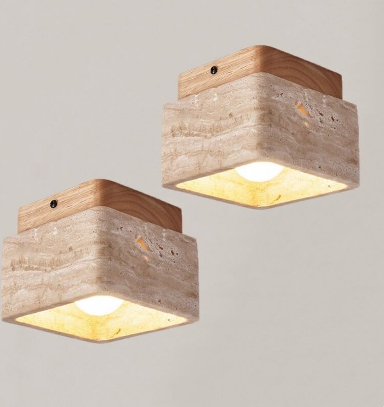 Retro Deckenleuchte Travertin Holz Wohnzimmerlampe Innen Quadrat Schlafzimmerlampe Warmweißes Licht - 2Pcs