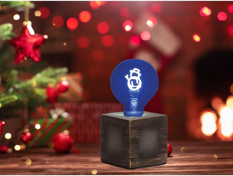 Tischlampe Würfel Grau mit Deko LED Glühbirne Schneemann, Quadrat 9cm