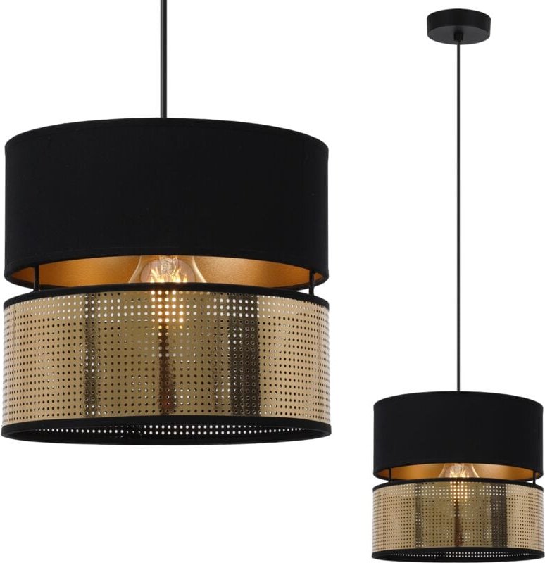 Asti Duo Schwarze Hängelampe 1 Flacher Schwarz-Gold-Lampenschirm Ts 20cm