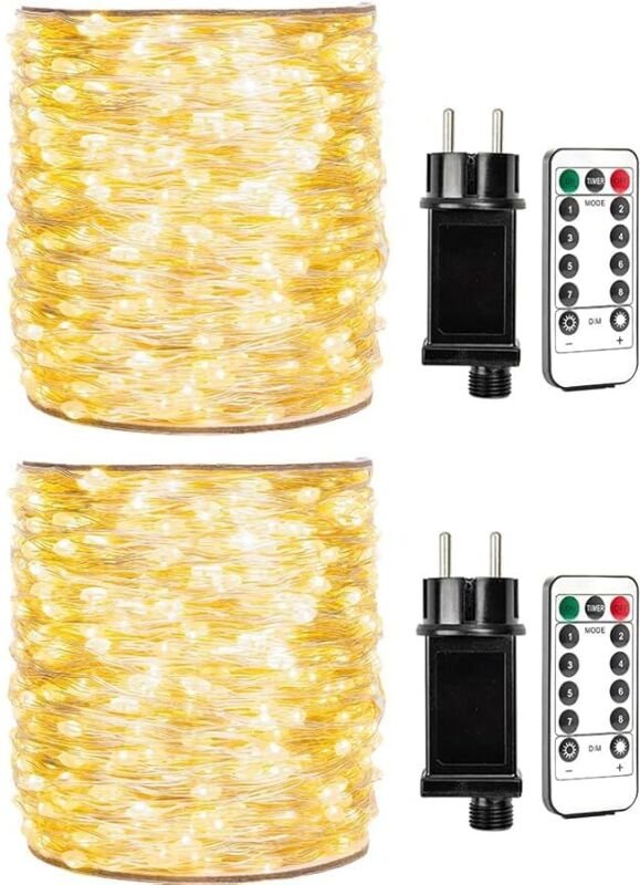 30 m LED-Lichterkette (2 x 30 m), 400 warmweiße LEDs, silberner Kupferdraht, wasserdicht mit Fernbedienung – Außen-/Inne...