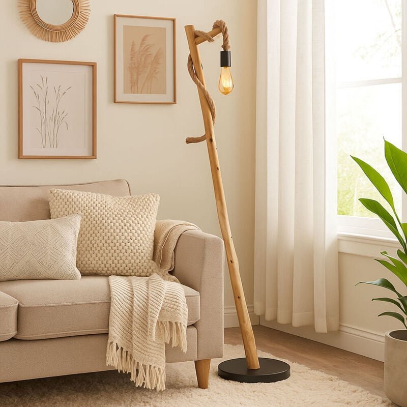 Stehlampe Esszimmer Standleuchte schwarz Holz Holzleuchte Hanfseil Holzoptik Landhausstil, Metall braun, 1x E27 Fassung,...