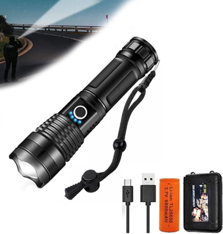 LED-Taschenlampe mit 10.000 Lumen, inklusive wiederaufladbarem 5.000-mAh-Akku (26650), 5 Leuchtmodi, Zoomfunktion, lange...