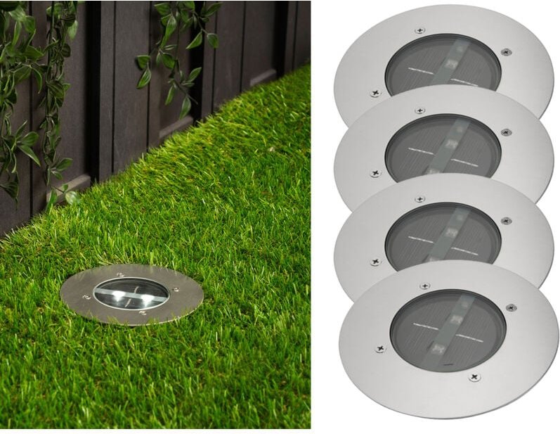 Solar led Bodeneinbaustrahler 4er set für Außen, Edelstahl rund Ø14cm IP67