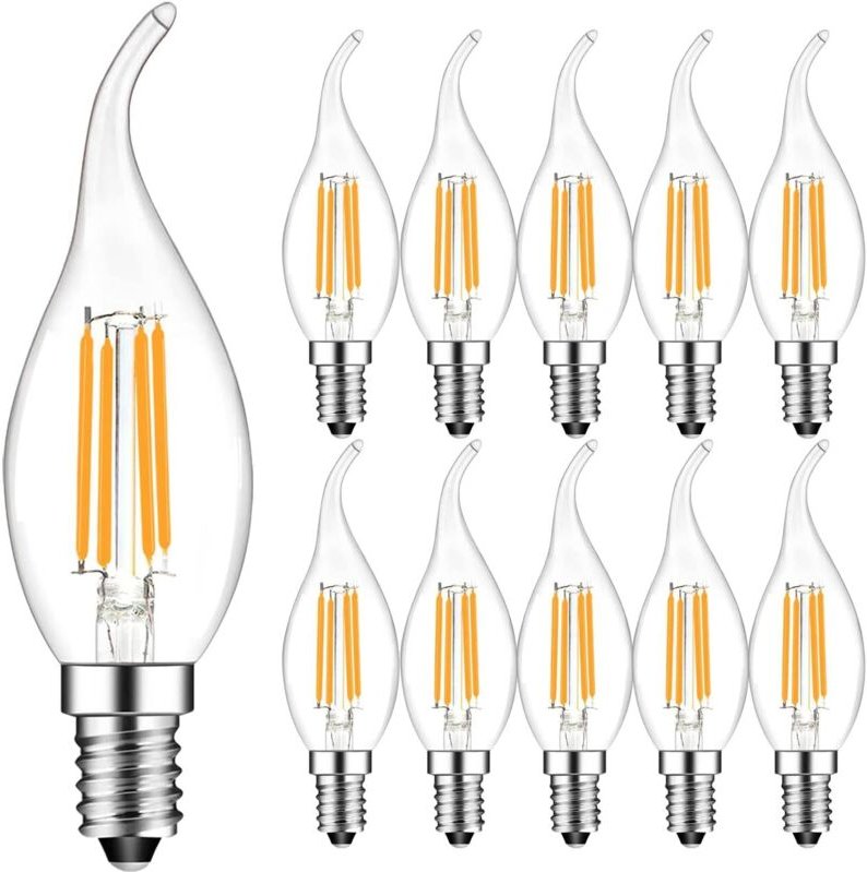Packung mit 10 LED-Filamentlampen, 4 W, E14, Kerzenflamme, 2700 K warmweiß, 360° Abstrahlwinkel, nicht dimmbar [Energiek...