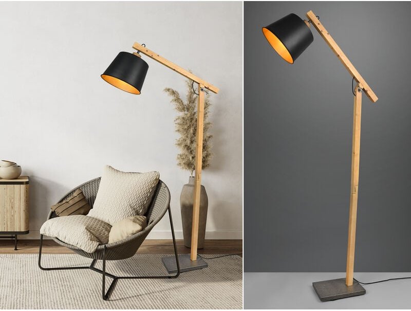 Stehleuchte HARRIS mit Holz & Metallschirm Schwarz-Gold Höhe 156cm