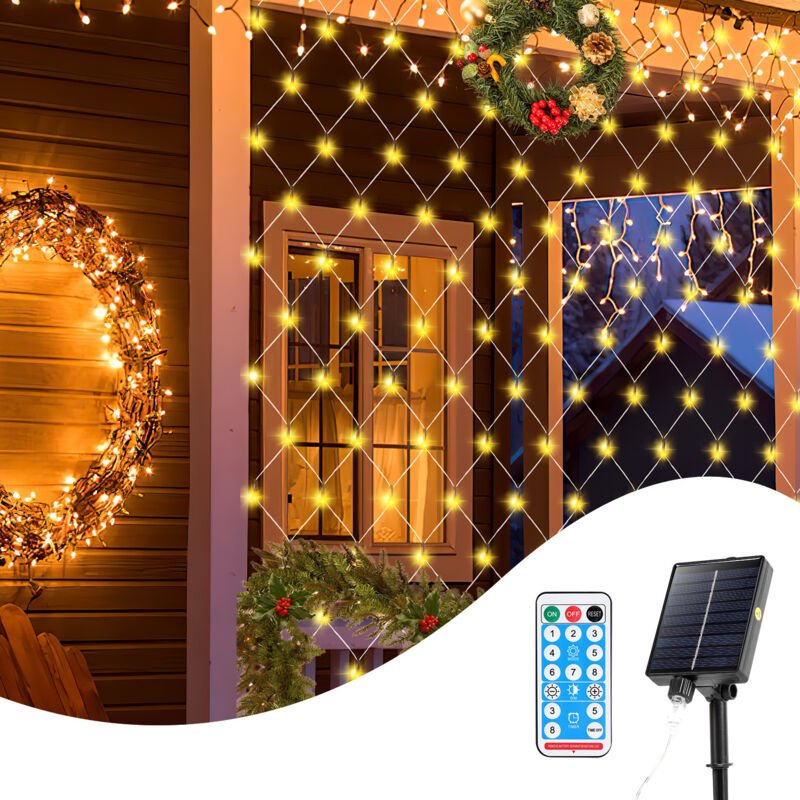 Randaco LED Solar Lichternetz 4.5x1.6M Warmweiß Lichterkette Weihnachtsbeleuchtung Lichtervorhang Innen Außen Deko 8 Mod...