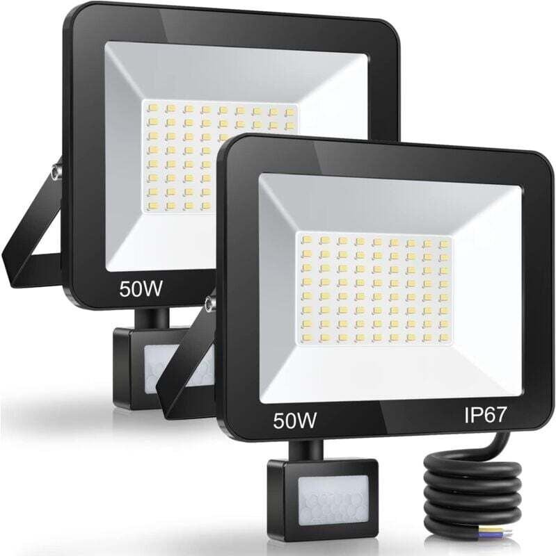 2er-Pack 50-W-LED-Außenstrahler mit Bewegungsmelder, IP67 wasserdicht, 5000 lm, 7000 K, kaltweiß, Außenbeleuchtung für G...