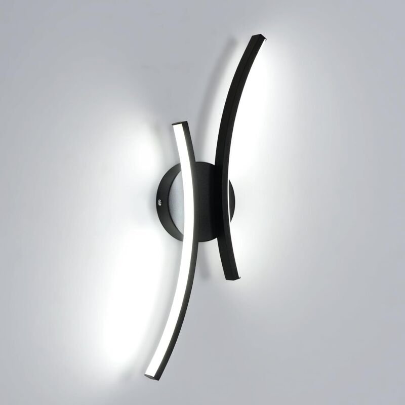 COMELY Designer-LED-Wandleuchte, 44 cm, 20 W, Kaltweiß 6500 K, gebogener Acrylschirm, Schwarz, für Schlafzimmer, Wohnzim...