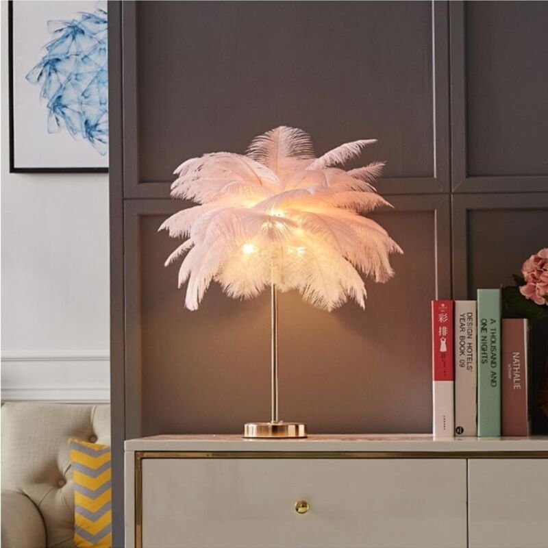 Tischlampe aus rosa Straußenfedern, Nachttischlampe, luxuriöser und eleganter Lampenschirm, Nachtlicht, Tischbeleuchtung...