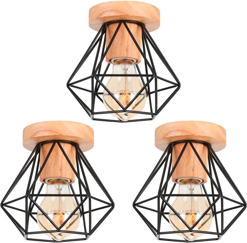 3x Moderne Deckenlampe Metall Hölzern Lüster mit E27 Lampenfassung aus Keramik Deckenleuchte in Rautenform für Schlafzim...