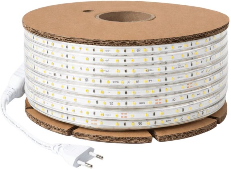 LED-Streifenrolle Dimmbar 220V SMD 120 LED/m 50m 7.5W/m 750lm/m Breite 12mm Schnitt 20/100cm IP65 2700K Warmweiß