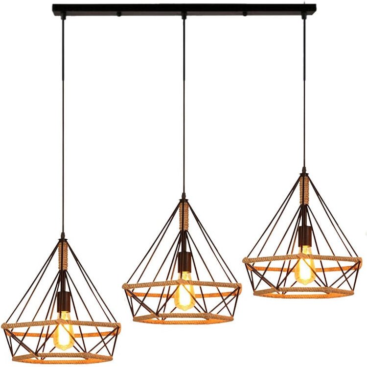 Modern Kreative Diamant Käfig Hängelampe Industrie Metall Retro Hanfseil Verstellbar Individualität Dekorative 3 Lichter