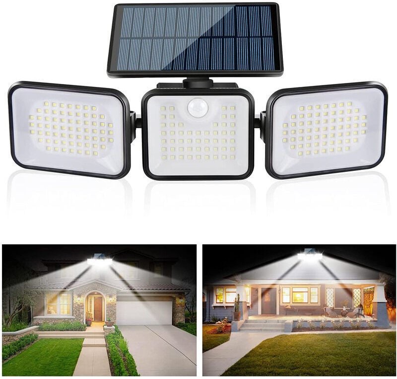 Solarbetriebene Außenleuchte mit Bewegungsmelder, 3 Leuchtenköpfe, 180 LEDs, IP65 wasserdicht, 3 Modi, Solar-LED-Gartens...