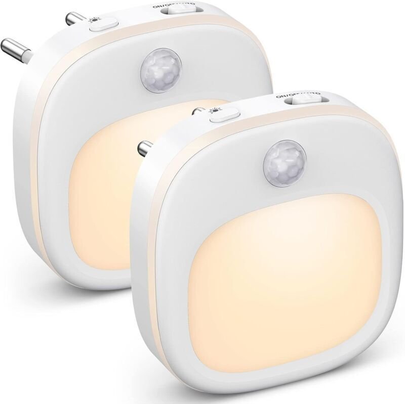 Zwei Nachtlichter zum Einstecken, stufenloses Dimmen, Bewegungsmelder, warmweiß/weiß/gemischt, Flur/Schlafzimmer
