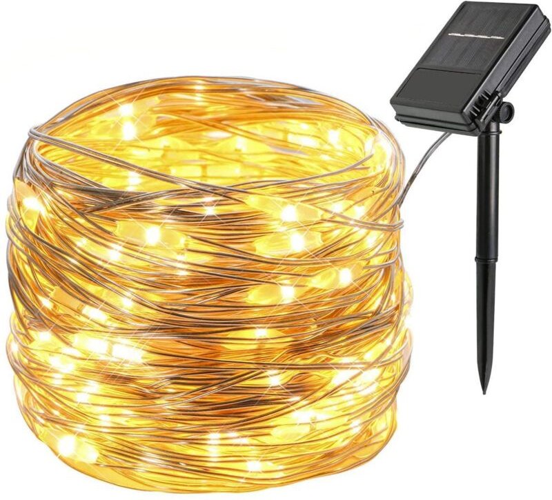 Weihnachtsbeleuchtung, 12 m, 100 LEDs, RGB, 8 Modi, IP45 wasserdicht, Batterie/Solarpanel, warmweiß