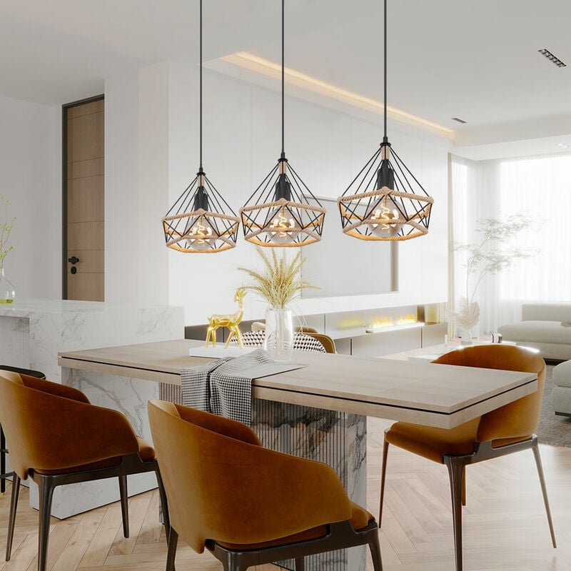 Etc-shop - Hängeleuchte Pendellampe Deckenlampe Wohnzimmerleuchte Esszimmerlampe, Metall schwarz Hanfseil braun Gittersc...