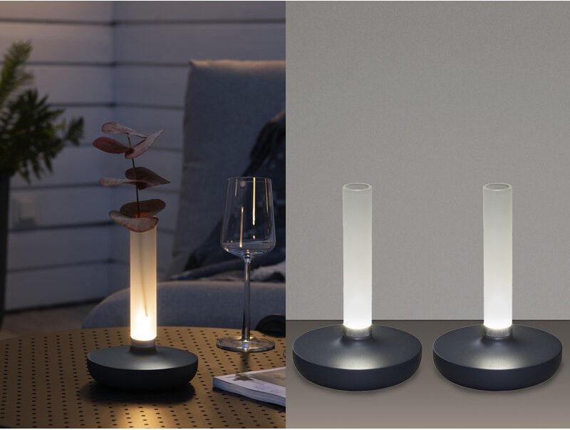 Thumbnail - 2er Set Außentischleuchte und Blumenvase mit Akkubetrieb, Grau Höhe 20cm