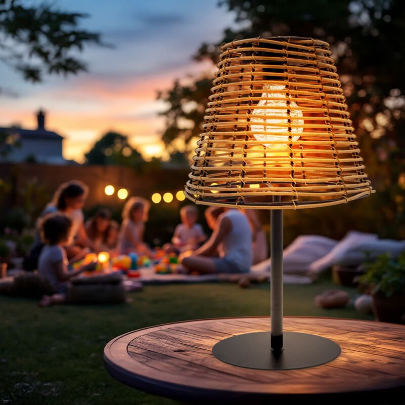 Solar Tischleuchte in Rattan Optik natur mit LED Glühbirne - 33 x 20 cm - Gartenlampe warm weiß beleuchtet