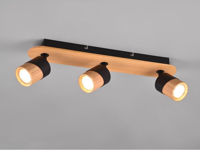 Meinewunschleuchte - led Deckenstrahler 3-flammig, Naturholz & Metall Schwarz, Breite 48cm