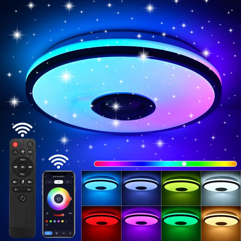 36W RGB-dimmbare LED-Deckenleuchte, mit Bluetooth-Lautsprecher, fernbedienungs- und App-gesteuert – Für Schlafzimmer, Wo...