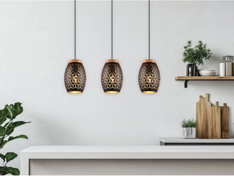 Meinewunschleuchte - led Pendelleuchte 3-flammig Schwarz/Gold mit ausgefallenem Stanzmuster, b: 71cm