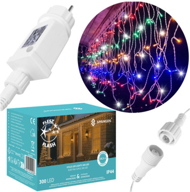 SPRINGOS Lichterkette 300 LED 14,5 m bunt Flash Funktion Stromversorgung Lichtervorhang Lichtdekoration Indoor/Outdoor