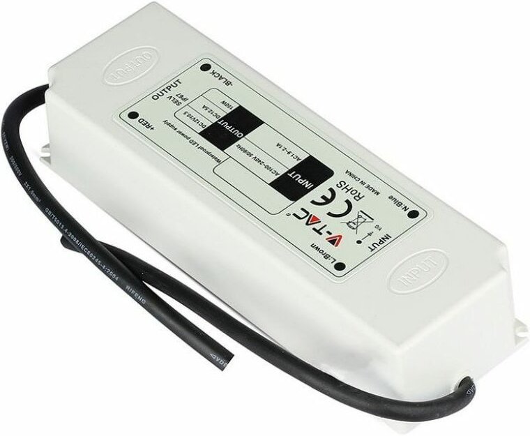 V-TAC Kunststoff-Netzteil, 100 W, 12 V, 8 A, 1 Ausgang, Lötkabel, weiß, 166 x 43 x 33 mm, IP67