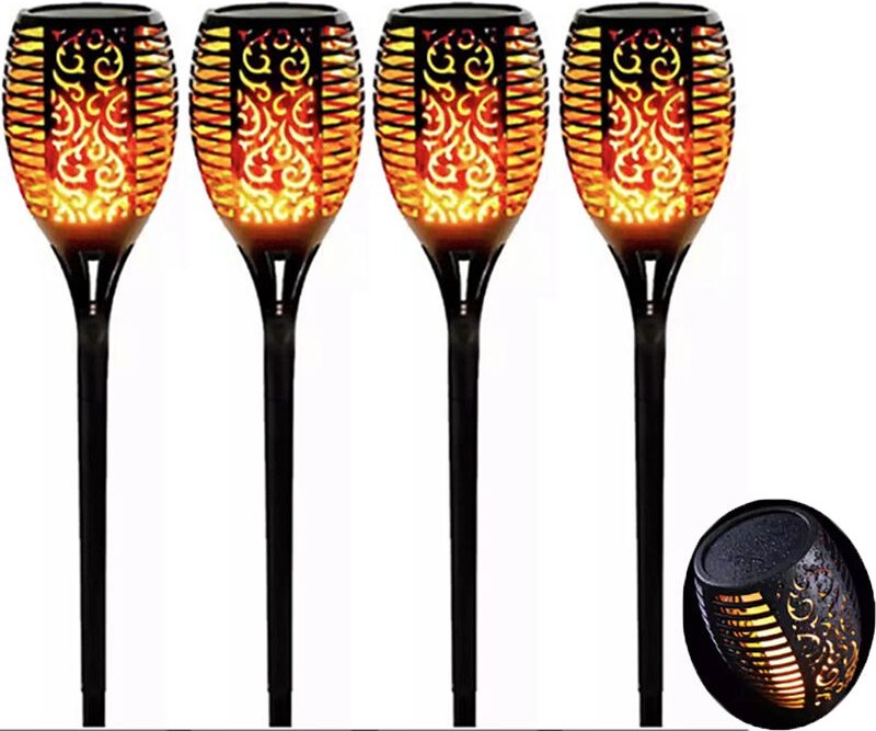 4er-Pack Solar-Flammenleuchten mit 96 LEDs, wasserdicht, flackernd, für Garten, Wege und Rasen