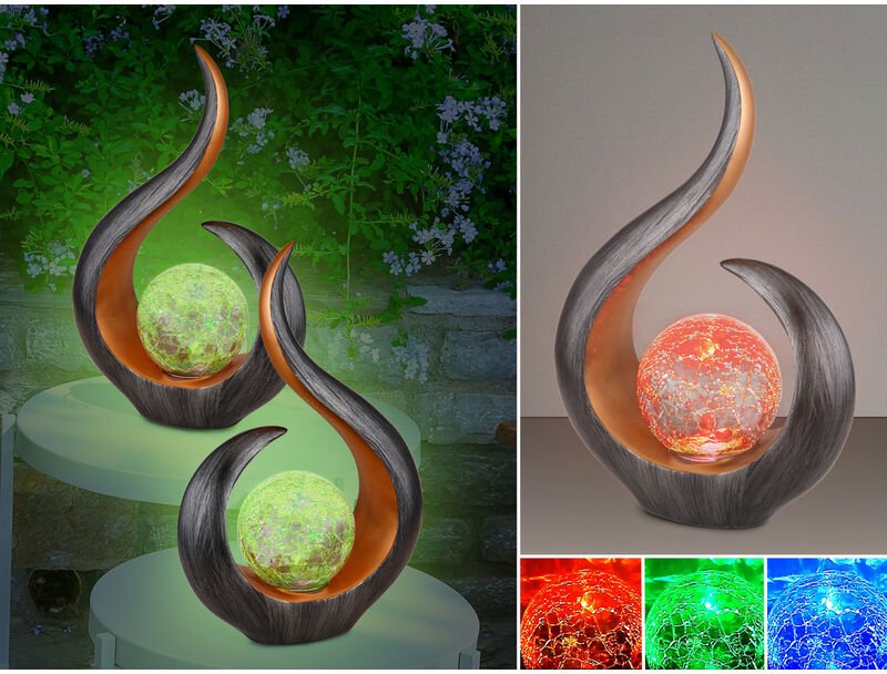 Solarleuchten 2er Set mit Glaskugel und Farbwechsel, Schwarz Gold, Höhe 33,5cm
