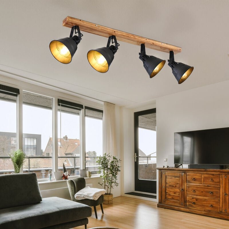 Deckenleuchte Spotstrahler Deckenlampe Innenleuchte Metall Wohnzimmer Holz Spots verstellbar, schwarz-braun, 4x E27, LxB...