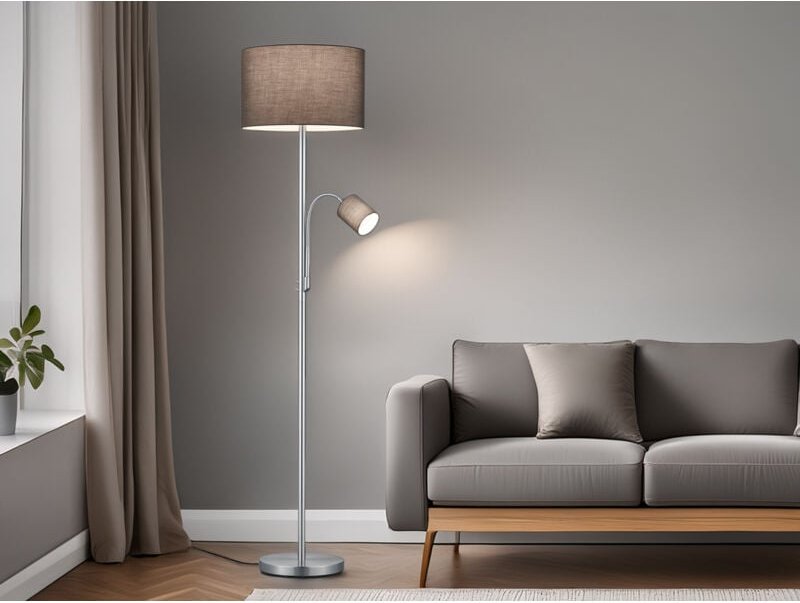 Stehleuchte hotel Silber mit Leselampe, Stoffschirm Grau, Höhe 170cm
