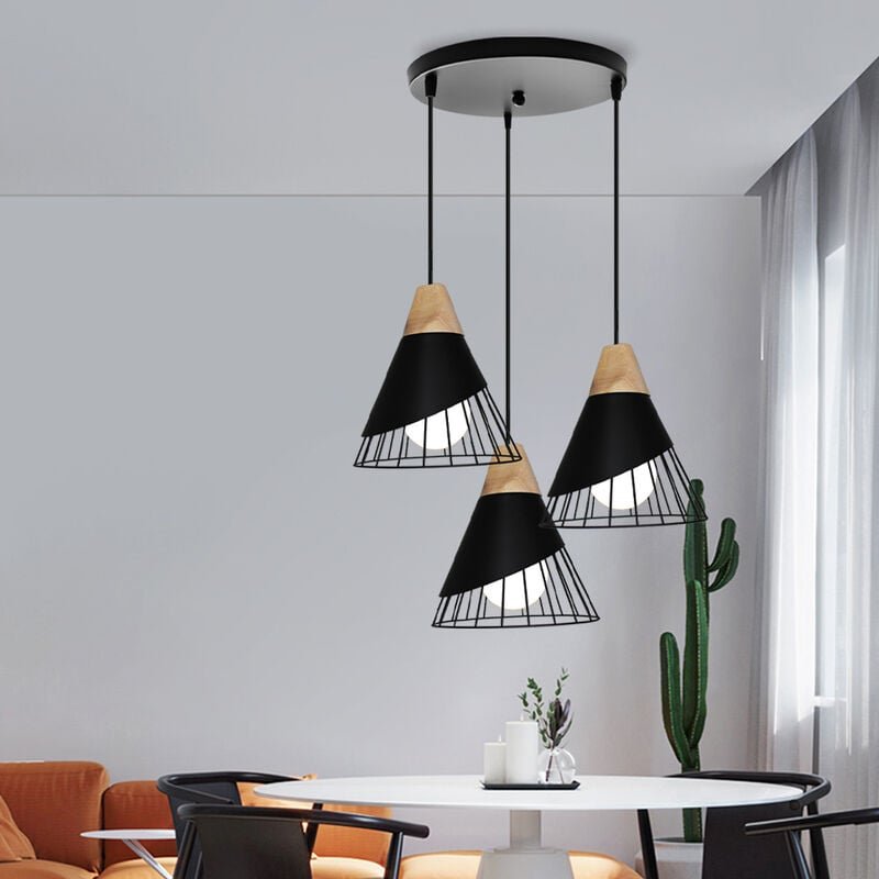 Thumbnail - 3 Flammig Hängelampen, Moderne Industriell Kronleuchter im Badminton-form, Deckenlampen mit Metall Holz Lampenschirm für...