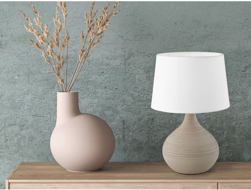 Meinewunschleuchte - led Tischleuchte Keramik Cappuccino mit Stoff Lampenschirm Weiß, Höhe 29cm