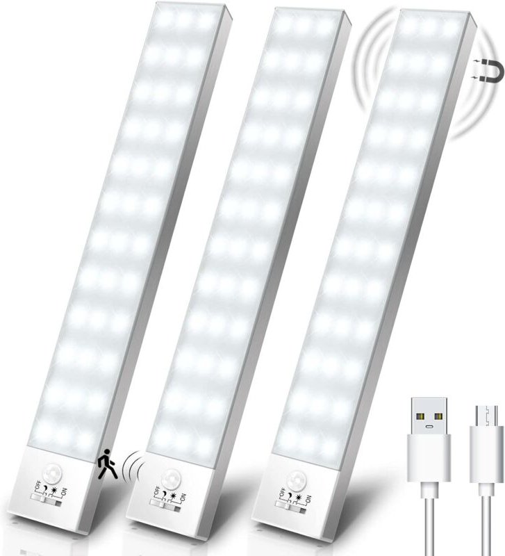 Schranklichter, 3er-Pack, 5000 k, usb, kabellos, LED-Schranklicht, Bewegungsmelder, wiederaufladbare LED-Lampe, eingebau...