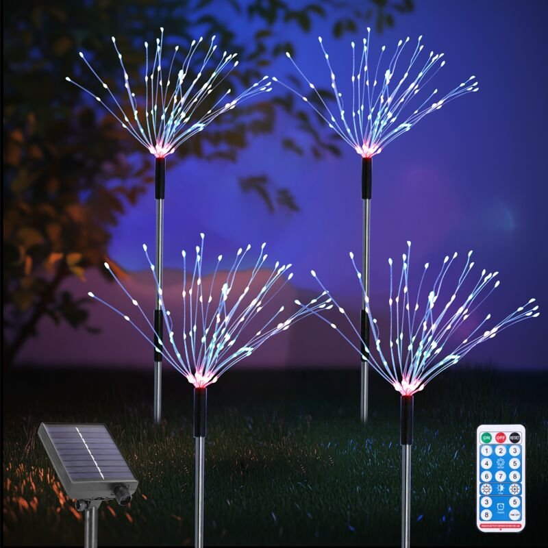Set aus 4 Solar-Garten-Außenleuchten, 120 LED Solar-Feuerwerkslichter, mit Fernbedienung und wasserdicht IP65 – Mehrfarb...