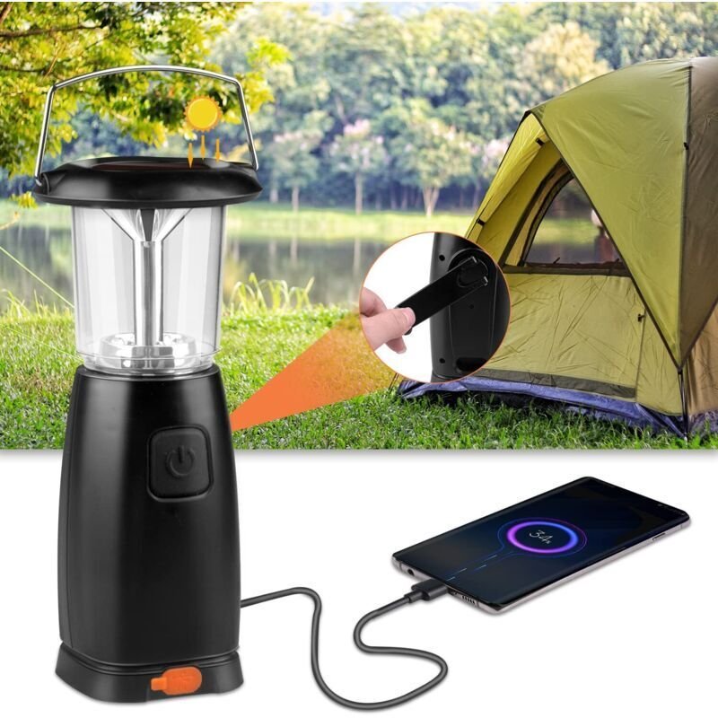 Solarbetriebene LED-Campinglampe, wiederaufladbare LED-Laterne, tragbare LED-Lampe mit 3 Leuchtmodi, Kurbel-Dynamo-Lampe...