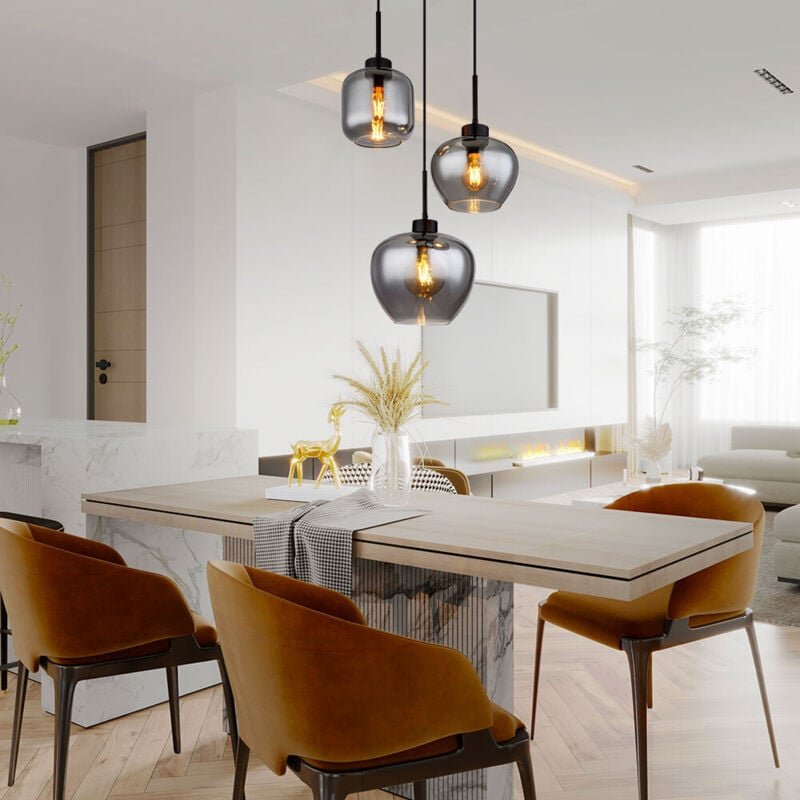 Pendellampe Esstischleuchte Rauchglas Wohnzimmerlampe Hängelampe 3 flammig, Metall schwarz, 3x E27, DxH 38x120 cm