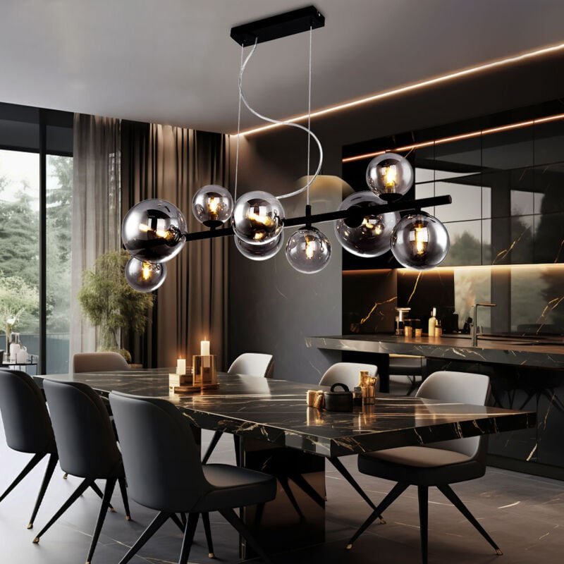 Pendelleuchte Kugel Glas Hängelampe Esstisch schwarz Wohnzimmerlampe hängend Modern, Rauchglas, 9x led 3,5W 350lm warmwe...