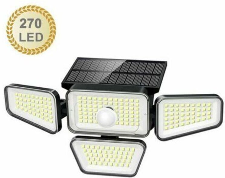 Solarleuchten für den Außenbereich, 270 LEDs, 3000 lm, Bewegungssensor, IP65, wasserdicht, 4 Köpfe, 3 Modi, 6500 k, Sola...