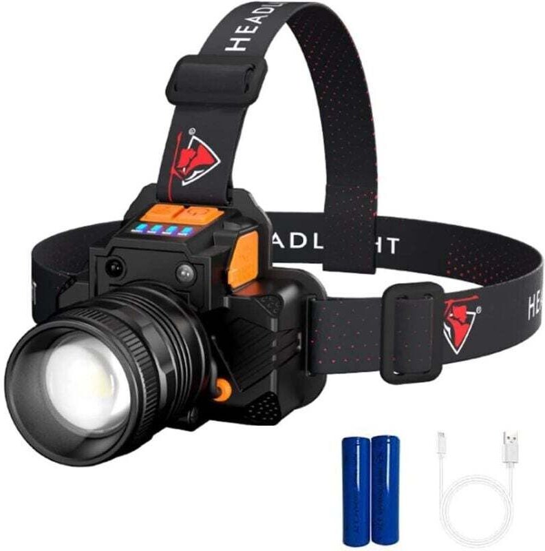 Wasserdichte LED-Stirnlampe mit 2000 Lumen – USB-aufladbar, superhell – 3 Helligkeitsstufen – 90° verstellbar – ideal fü...