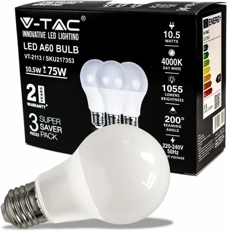 V-tac - LED-Glühbirne E27 10,5 w 100 lm/w A60 Naturweiß (Box mit 3 Stück)