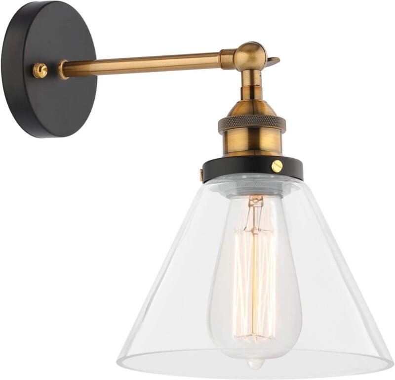 Industrielle E27-Wandleuchte, Glas und Metall, Vintage-Lampenschirm mit ausgestelltem Schirm, verstellbar, für Schlafzim...