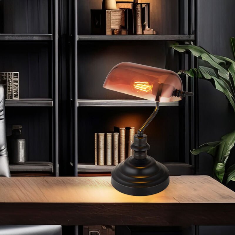 Tischleuchte Tischlampe Leseleuchte Schlafzimmerlampe Wohnzimmerlampe Bankerleuchte, Metall Glas kupferfarben schwarz, E...