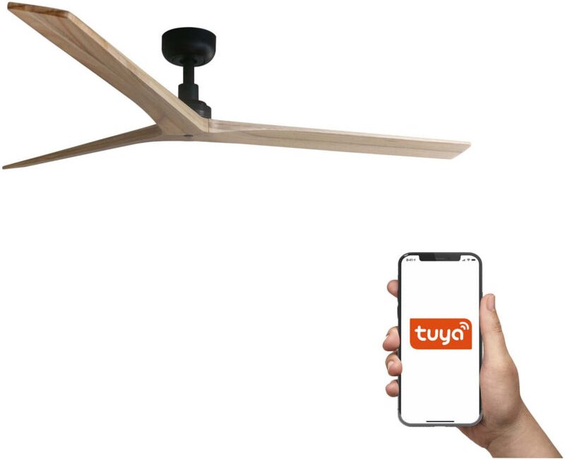 Faro Klim Großer Deckenventilator mit 3 Flügeln, Mattschwarz, Eichenholz, Tuya Smart System