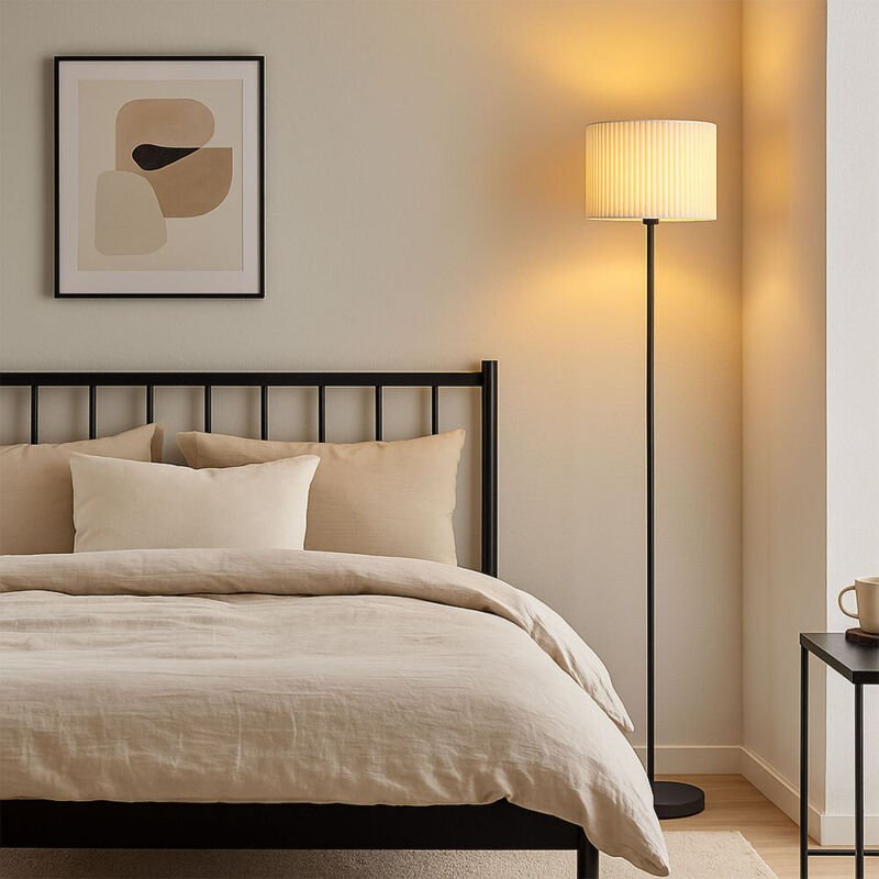 Stehleuchte Textil natur Standlampe schwarz Wohnzimmerleuchte stehend LED, Metall, 1x LED 9W 810Lm warmweiß, DxH 38 x 15...