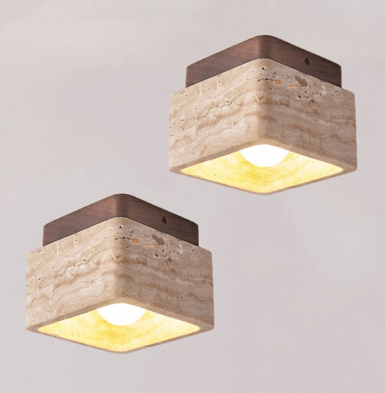 E27 Vintage Deckenleuchte Travertin Holz Wohnzimmerlampe Innen Quadrat Schlafzimmerlampe Warmweißes Licht - 2Pcs