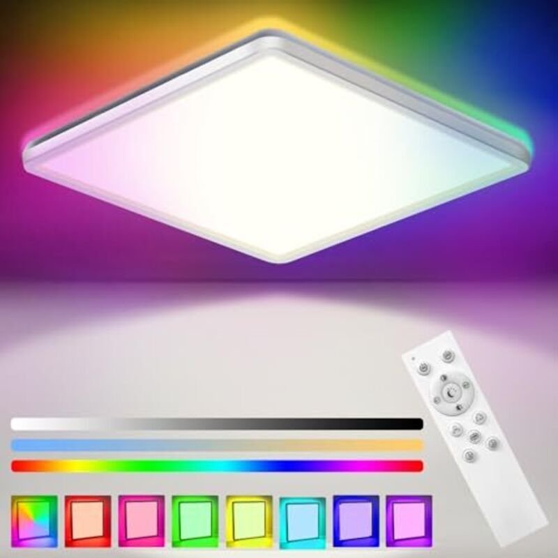 Dimmbare 24-W-LED-Deckenleuchte mit Fernbedienung, 7 RGB-Farben, einstellbare Farbtemperatur 3000K/4000K/6500K, ultradün...