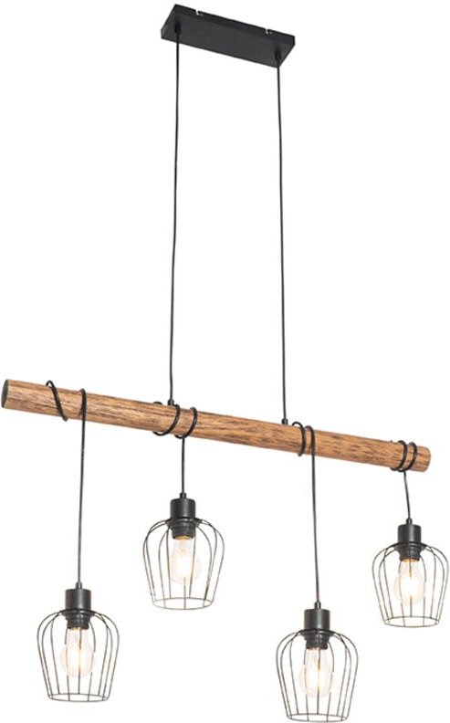 Smarte Hängelampe schwarz mit Holz inkl. 4 Wifi A60 - Stunk