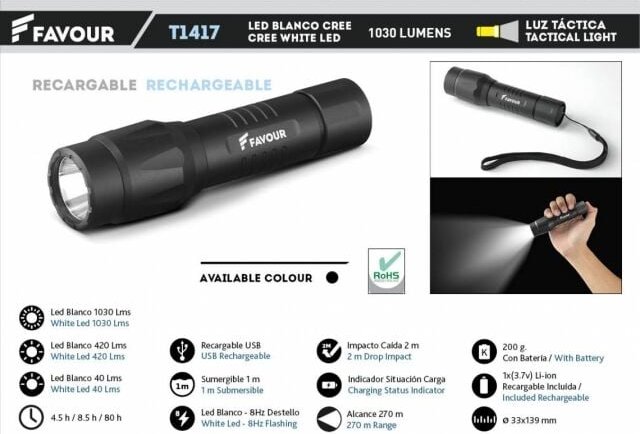 Taktische wiederaufladbare Laterne mit weißem Led Cree 1030 Lumen T1417