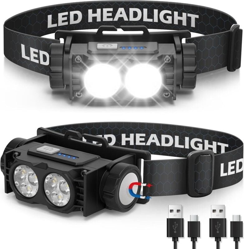 2-teiliges Stirnlampen-Set, extrem leistungsstarke LED-Stirnlampe, 3 Modi, IPX5 wasserdicht, USB-aufladbar, für Angeln, ...